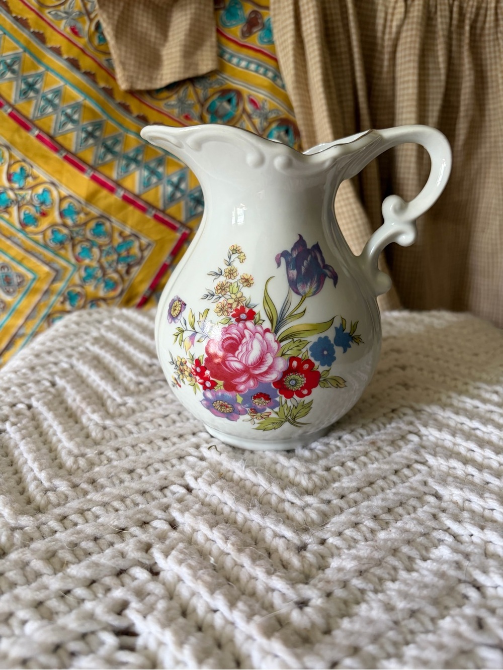 Andrea by Sadek Floral Porcelain Pitcher with Scalloped Rim